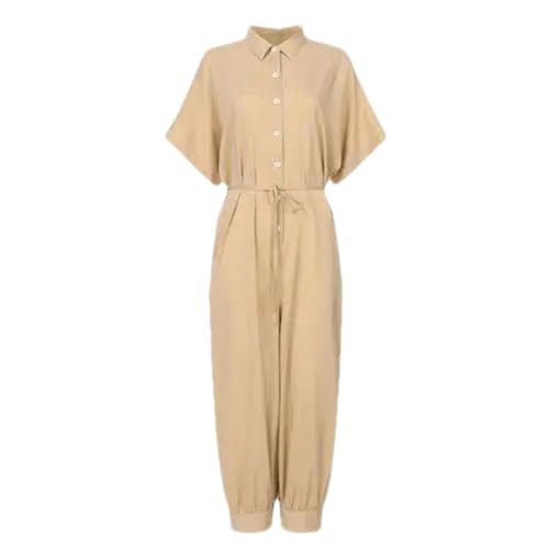 ZouoYYii Sommer-Jumpsuit für Damen, einfarbig, Revers, lässig, hohe Taille, elegante Sportbekleidung, modischer Jumpsuit mit Knöpfen, khaki, 38 von ZouoYYii