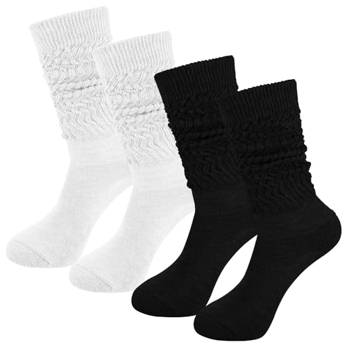 4 Paar Damen Slouch Socken, Winter Knit Cotton Stiefelsocken für Damen, Lange Socken Stulpensocken für Fitness Workout Yoga Gymnastik Wellness (2 schwarz+2 weiß) von Zouwel