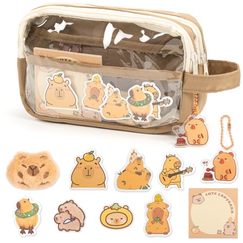 Capybara Federmäppchen, großes Fassungsvermögen, Reißverschluss, niedliches transparentes Federmäppchen, Kawaii-Federmäppchen-Set, Schulbedarf mit Brosche, Aufklebern, Anhänger, Puppe, Notizblock für von Zouwel