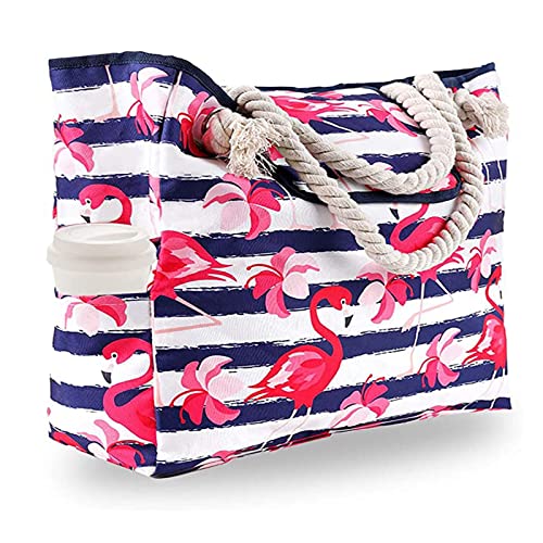 Strandtasche XXL Familie Flamingo Tropisch Große Sommer Strand Beach Tote Bags Wasserdicht Sanddicht Shopper Schultertasche mit Taschen Große Kapazität Strandtasch Badetasche (Flamingos) von Zouwel