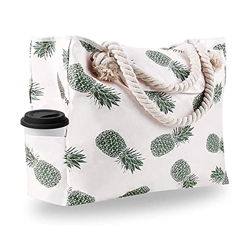 Strandtasche XXL Familie Flamingo Tropisch Große Sommer Strand Beach Tote Bags Wasserdicht Sanddicht Shopper Schultertasche mit Taschen Große Kapazität Strandtasch Badetasche (Sommer-Ananas) von Zouwel