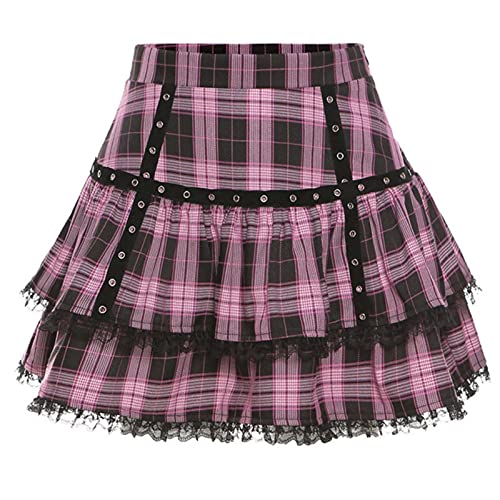 Zouyuan Lolita Kuchen Miniröcke Gothic Japanisch Harajuku Mädchen Lila Rosa Plaid Faltenrock Punk Süße Spitze Kawaii Cosplay Kostüm von Zouyuan