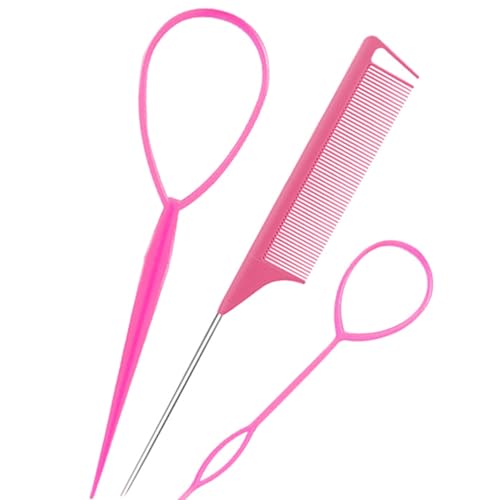 Topsy Tail Haar-Werkzeug, 3 Stück, rosa Haarschleifenwerkzeug mit Rattenschwanz, Kamm zum Durchziehen, französisches Zopfwerkzeug, Haarflechtwerkzeug für Frauen und Mädchen von Zovator