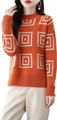 Zozogag Damen-Strickwaren, 100% Kammwolle, Rundhals-Pullover, Lockere Pullover-Oberteile Mit Quadratischem Muster Orange White L von Zozogag
