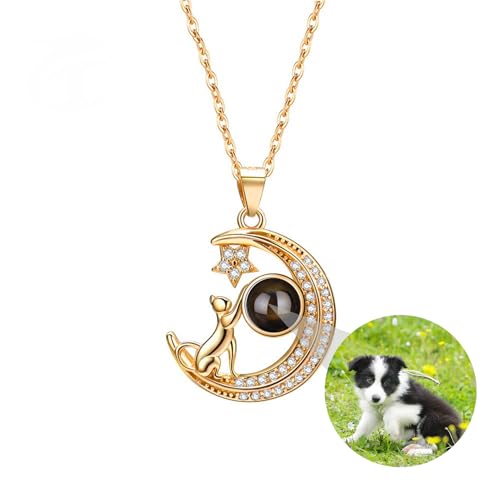 Bild-Halskette Personalisierter Foto-Projektionsanhänger mit Bild im Inneren Individuell gestaltbarer Bild-Mond-Stern-Anhänger Schöne Katzen-auf-dem-Mond-Halskette für Frauen, romantischer Schmuck von ZqlDDayUP