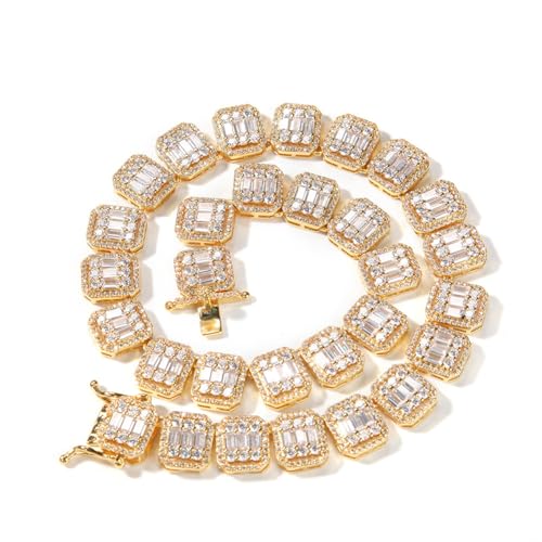 Iced Out Cubic Zirkonia Tennis Kette Halsketten, 18K Gold plated 13mm Square Sparkling Clustered Block Tennis Kette Armbänder Halskette Cuban Link Chain Hip Hop Schmuck Geschenke für Männer Frauen von ZqlDDayUP