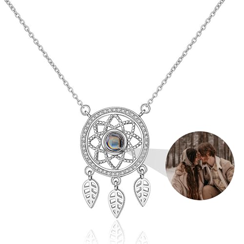 Personalisierte Foto Projektion Halskette benutzerdefinierte Foto-Halskette mit Bild Dream Catcher Halskette Sterling Silber Dreamcatcher Halskette Blume Blatt baumeln Halsketten Schmuck für Frauen von ZqlDDayUP