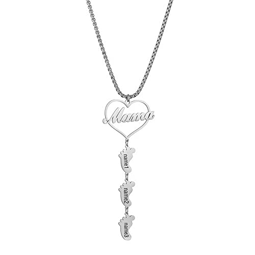 Personalisierte Mom Geschenke für Mutter Name Halskette mit 1-6 Kind Name benutzerdefinierte gravierte Baby Füße Charme Herzform Edelstahl personalisierte Muttertag Halskette Geschenk (Silver1) von ZqlDDayUP