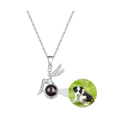 ZqlDDayUP Bild Halskette Personalisiert für Frauen - Personalisierte Fotoprojektion Halskette 925 Sterling Silber geflügelte Engel Anhänger Schmuck Gedenkgeschenke für Freundin Frau Mutter von ZqlDDayUP