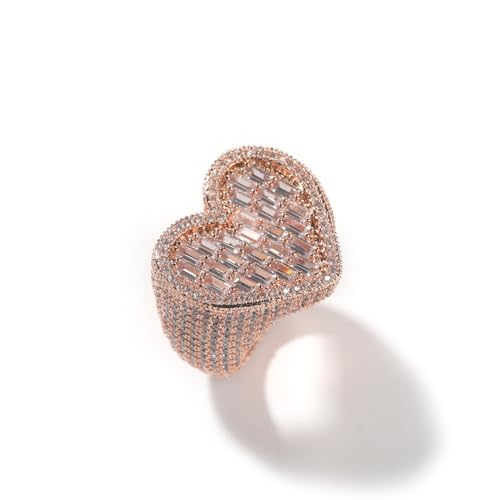 ZqlDDayUP Herz Ring 18K Gold plattiert Iced Out CZ Diamond 3D Heart Shaped Ring, Hip Hop Ringe für Männer, Hochzeit Verlobungsband Ring Pinky Ring für Männer Frauen von ZqlDDayUP