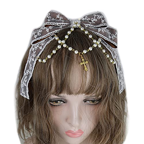 Spitzenbögen Kopfschmuck Mehrschichtiger Spitzenbogen Mit Perlenkette Big Bowknot Stirnband Maid Anime Haarschmuck von Zqxnt