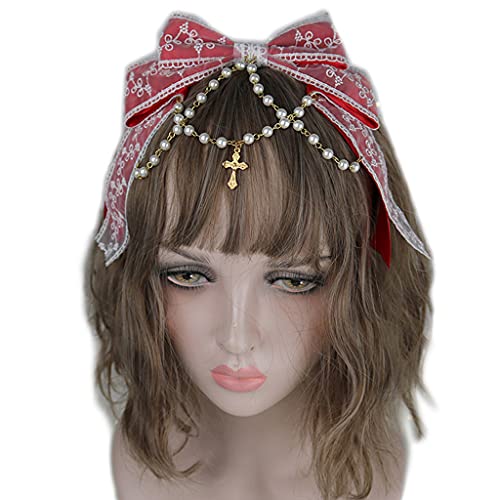 Spitzenbögen Kopfschmuck Mehrschichtiger Spitzenbogen Mit Perlenkette Big Bowknot Stirnband Maid Anime Haarschmuck von Zqxnt