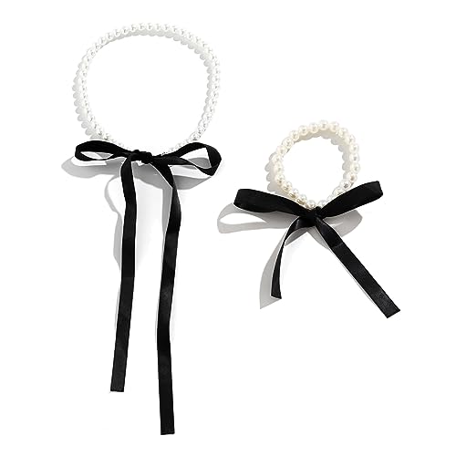 Zqxnt 2pcs Strand Urlaub Perlen Halskette Armband Set Long Ribbon CHOKER PEARL SPARE RANDRACET MEDENTEY PARTY Women Einfacher Bogenknot Perlenarmband Set von Zqxnt