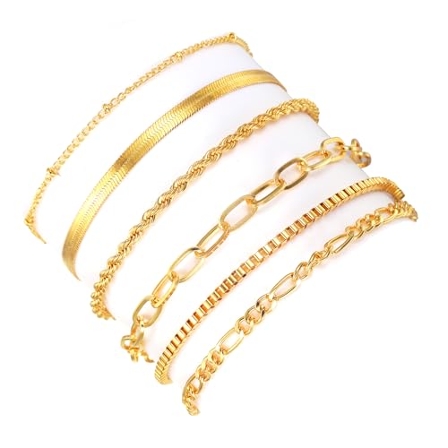 Zqxnt 6pcs Elegante Goldarmbänder Für Frauen 14K Echtes Goldplattiertes Stapelbares Und Komfortables Verschleiß Statement Stücke Set Mode Schmuck Für Frauen von Zqxnt