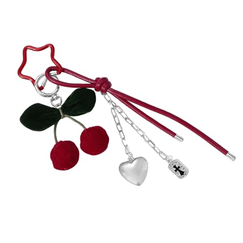 Zqxnt Handgefertigter Schlüsselring Kirschen Bowknot Herz/Schwarze Pompoms Lanyard Schlüsselbund Für Frauen Modisches Accessoire Für Tägliche Einzigartige Modeaccessoire von Zqxnt
