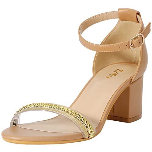 ZriEy Damen Riemchen Chunky Low Heeled Sandalen 2 Zoll Offene Zehe Block Heels Knöchelriemen Verstellbare Schnalle Lucite Block High Heel Schuhe, Nackt Neu, 6 von ZriEy