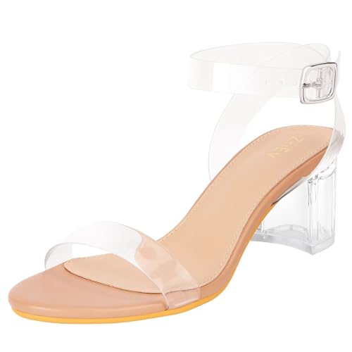ZriEy Damen Riemchen Chunky Low Heeled Sandalen 2 Zoll Offene Zehe Block Heels Knöchelriemen Verstellbare Schnalle Lucite Block High Heel Schuhe, Nude PU Clear, 7.5 von ZriEy