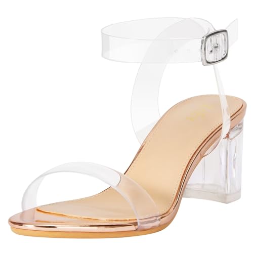 ZriEy Damen Riemchen Dicke Niedrige Ferse Sandalen 2 Zoll Offene Zehe Blockabsatz Knöchelriemen Verstellbare Schnalle Lucite High Heel Schuhe, Mehrfarbig, 39.5 EU von ZriEy