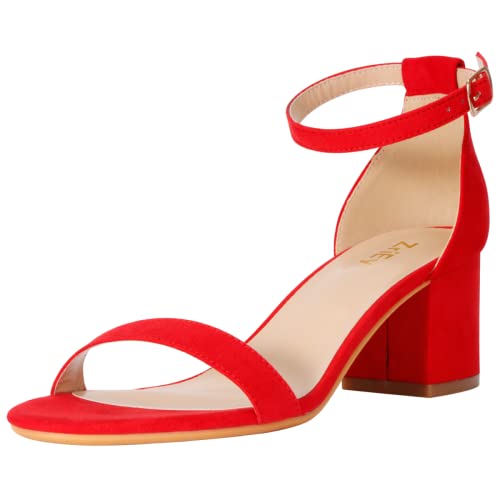 ZriEy Damen Riemchen Dicke Niedrige Ferse Sandalen 2 Zoll Offene Zehe Blockabsatz Knöchelriemen Verstellbare Schnalle Lucite High Heel Schuhe, Rot, Samt, 35.5 EU von ZriEy