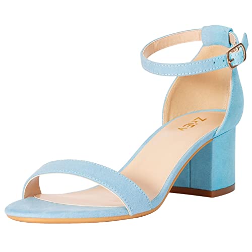 ZriEy Damen Riemchen Dicke Niedrige Ferse Sandalen 2 Zoll Offene Zehe Blockabsatz Knöchelriemen Verstellbare Schnalle Lucite High Heel Schuhe, hellblau, 36.5 EU von ZriEy