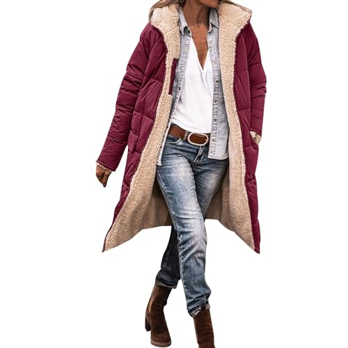 Damen Lang Daunenmantel Warm Fleece Reversibel Winterjacke Kapuze Fleecejacke Daunenjacke Mantel Warme Jacke für Damen Unifarben Winterjacke mit Kapuze Frauen Lang Pufferjacke Down Coat Übergangsjacke von Zshosam