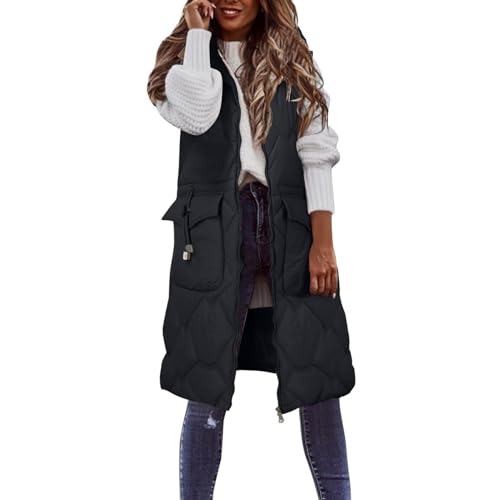 Damen Lang Weste Steppweste Winter Daunenweste Übergangsweste Winterjacke Longweste Winterweste Jacke Mantel Weste Schwarz Leichte Warm Gesteppt Reißverschluss Pufferjacke mit Kapuze (11-Black, M) von Zshosam