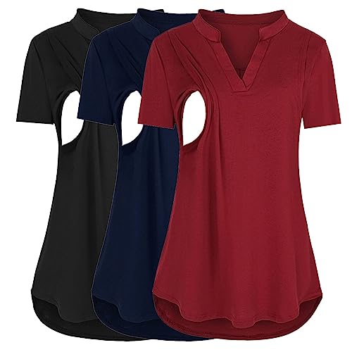 Damen Stillshirt Baumwolle Sommer Umstandsshirt Gestreifte Ärmel Schwangere Kurzarm Nursing T-Shirt Tops Umstandskleidung Stillshirts Umstandskleid Schwangerschaft Umstandsmode (Nd1 Red, L) von Zshosam