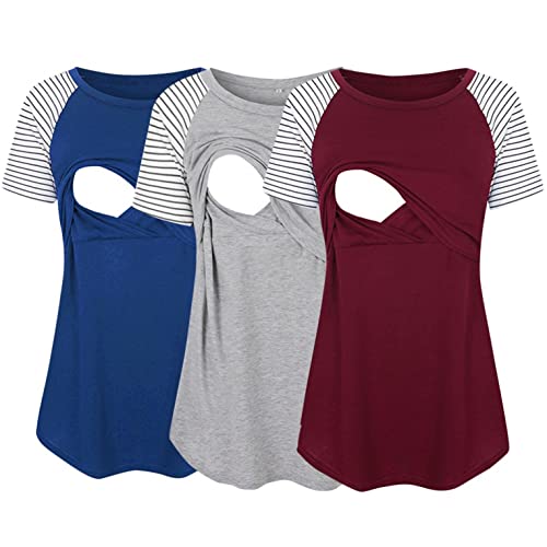 Damen Stillshirt Baumwolle Sommer Umstandsshirt Gestreifte Ärmel Schwangere Kurzarm Nursing T-Shirt Tops Umstandskleidung Stillshirts Umstandskleid Schwangerschaft Umstandsmode Umstandstop 3er Pack von Zshosam