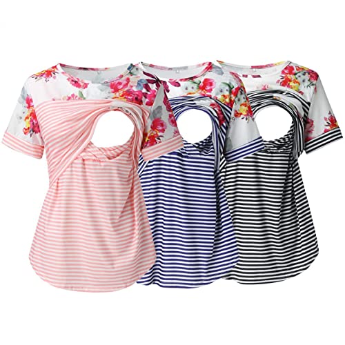 Damen Stillshirt Baumwolle Sommer Umstandsshirt Gestreifte Ärmel Schwangere Kurzarm Nursing T-Shirt Tops Umstandskleidung Stillshirts Umstandskleid Schwangerschaft Umstandsmode Umstandstop 3er Pack von Zshosam