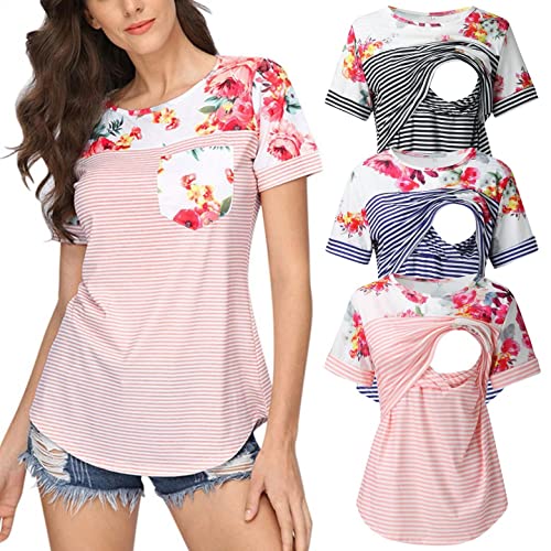 Damen Stillshirt Langarm Farbblock Streifen Umstandsmode Tshirt Still Nursing Tops Sommer Damen Umstandstop Lagendesign Damen T-Shirts Schwangerschaft Tops Schwangere Damen Stillshirt Umstandsshirts von Zshosam