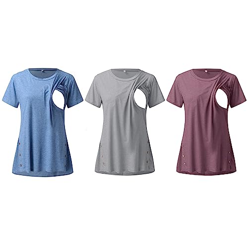 Still Tshirt Umstandsmode Sommerkleid Damen Mutterschafts Stillshirt Tank Tops Sommer Ärmellos Stillen Kleidung Damen Kurzärmeliges Umstands-T-Shirt mit V-Ausschnitt und Raffung, 2er-Pack kf080 von Zshosam