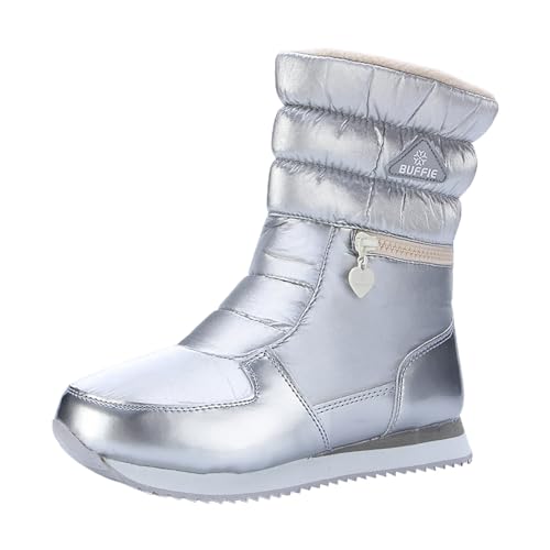 Zshosam Damen-Schneestiefel mit flachem Boden, mittlerer Röhre, wasserdicht, verdickt, mit Reißverschluss, Baumwollschuhe Damen Flach Weiter Schaft (Stiefel Damen12-Silver, 41) von Zshosam