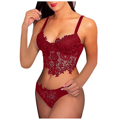 Zshosam Dessous-Set Damen Sexy Königsblau BH Lingerie Höhe Taille Reizwäsche Nachtwäsche Lace Spitze Unterwäsche Slip Set Bodysuits Nachthemd Frontverschluss Frauen (H1-Red, L) von Zshosam