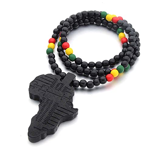 Ztexkee Afrika-Karten-Anhänger, Holzperlenkette, Halskette, Afrika-Halskette, Hip-Hop-Rapper-Schmuck für Herren von Ztexkee