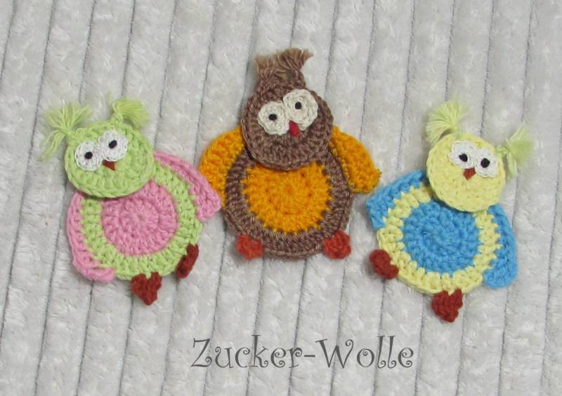 Eule Uhu Vogel Häkelapplikation von ZuckerWolle