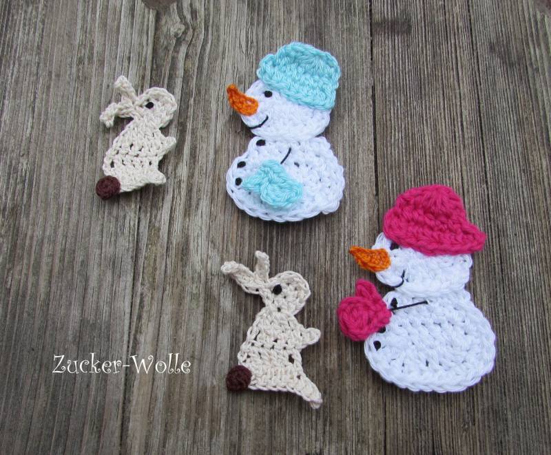 Häkelapplikation Schneemann Mit Hase Zum Aufnähen von ZuckerWolle