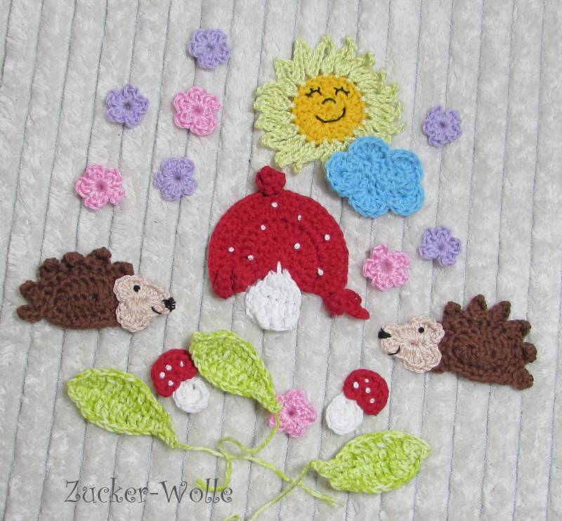 Häkelapplikationen 20 Tlg Set Igel Sonne Häkelblumen Uvm Zum Aufnähen von ZuckerWolle