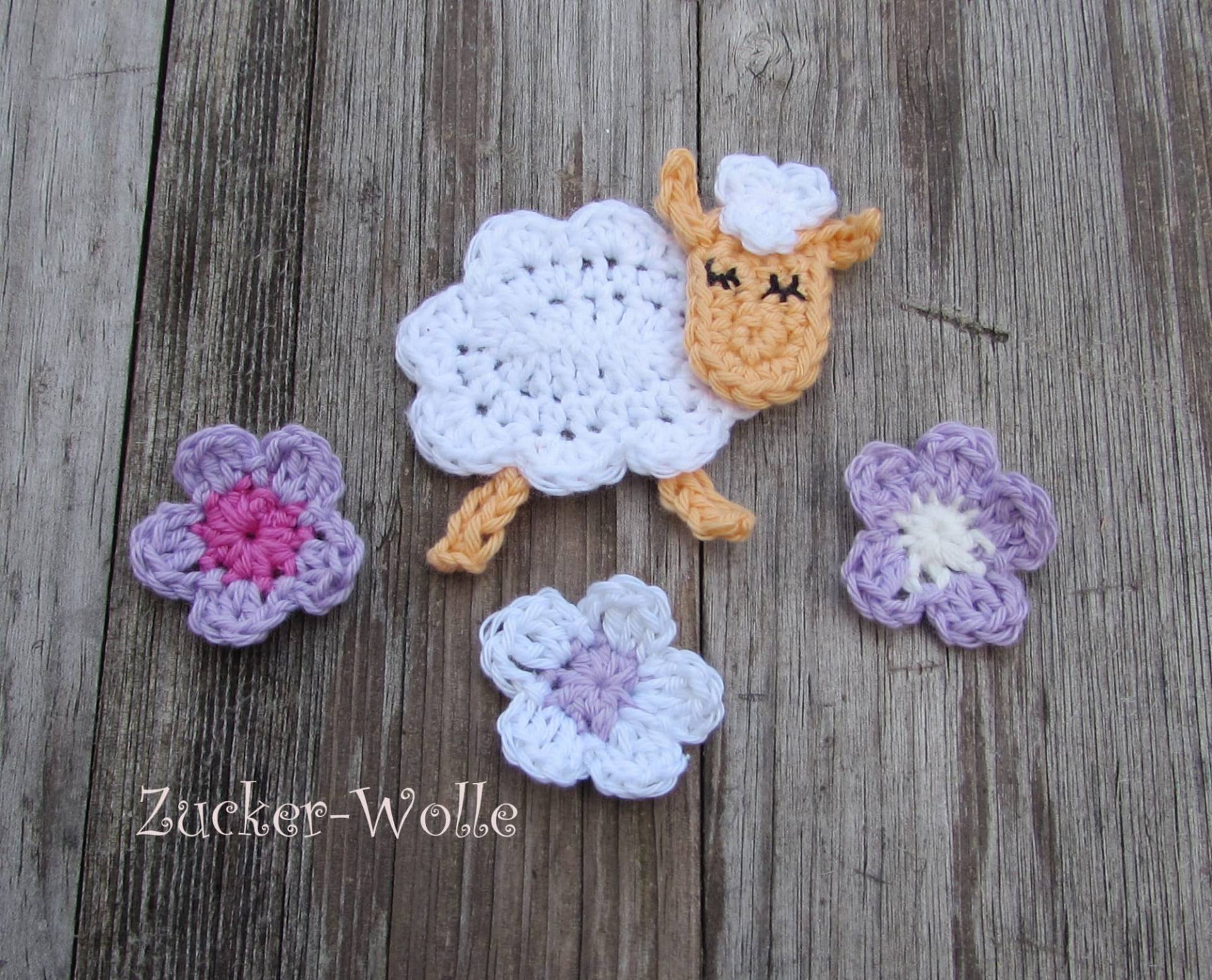 Häkelapplikationen Set 4 Teile Häkelblumen Schäfchen von ZuckerWolle