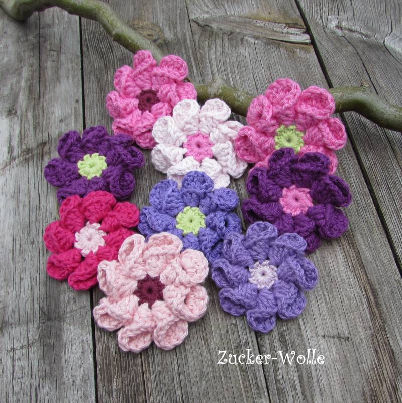 Häkelblumen 2 Stück Zum Aufnähen Rosa Pink Lila Flieder Violett Farbwahl von ZuckerWolle