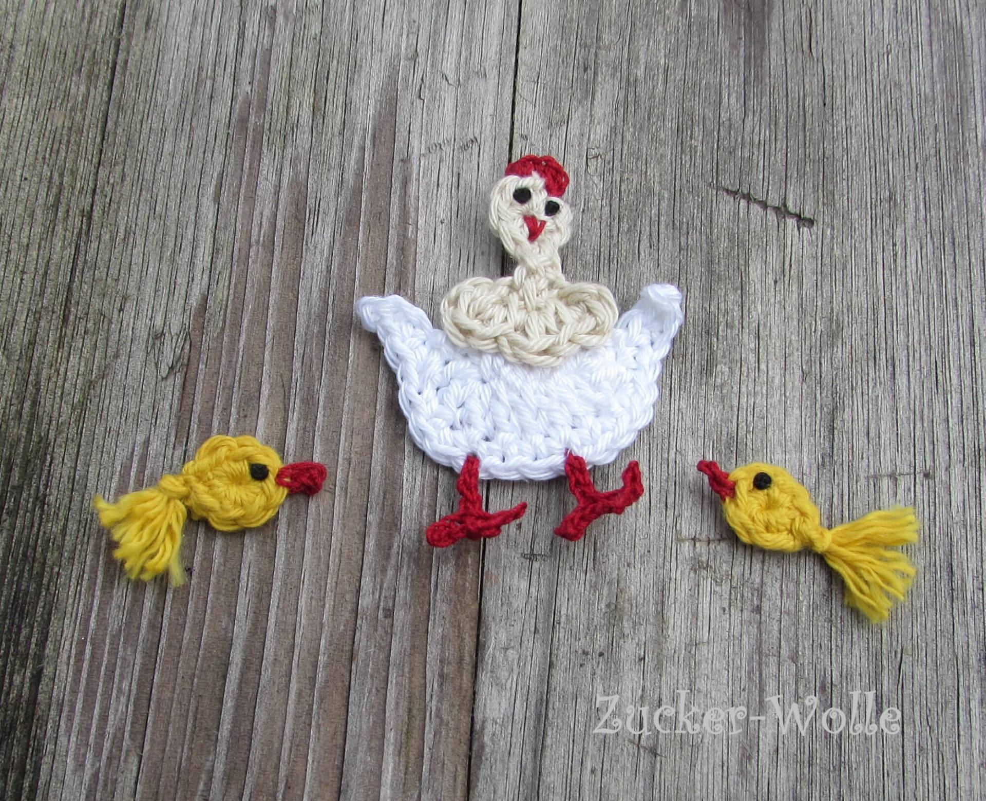 Huhn + Küken Henne Mini Häkelapplikationen 3 Teile von ZuckerWolle