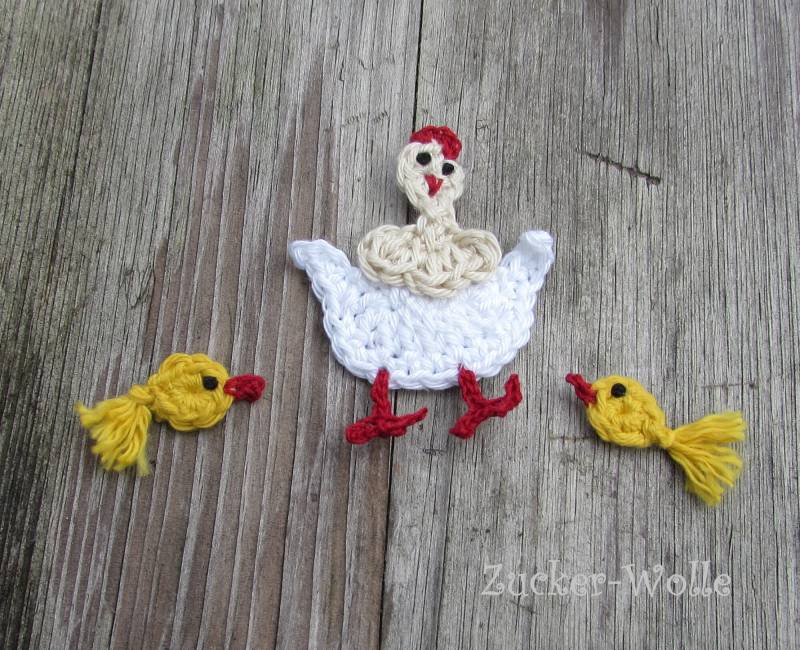 Huhn + Küken Henne Mini Häkelapplikationen 3 Teile von ZuckerWolle