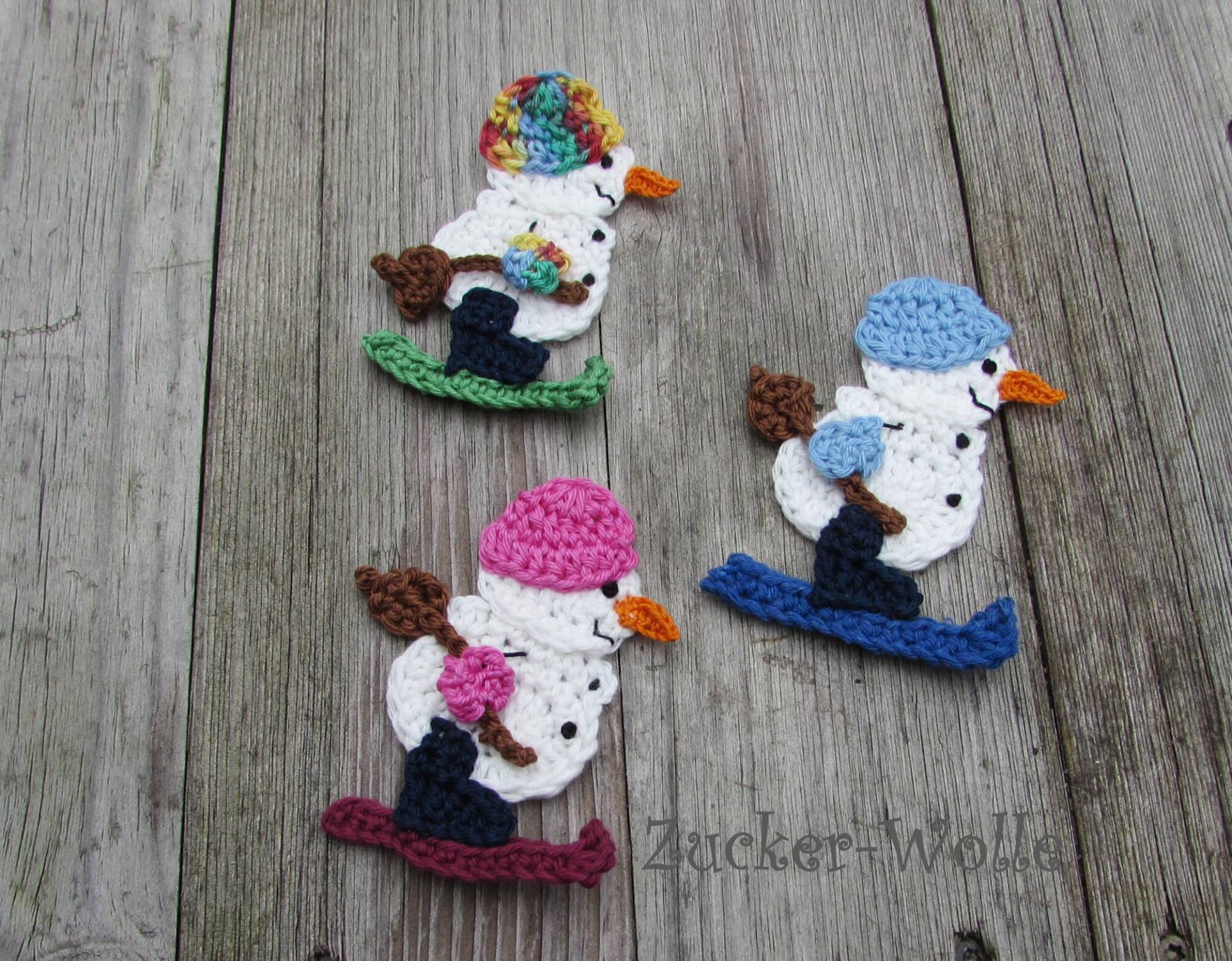 Schneemann Mit Ski Häkelapplikation von ZuckerWolle