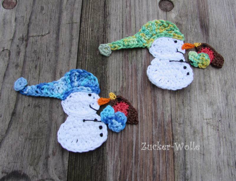 Schneemann Mit Vogel Rotkehlchen Häkelapplikation von ZuckerWolle