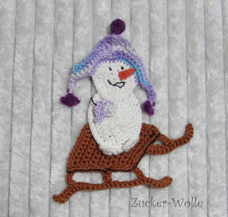 Schneemann Und Schlitten Häkelapplikation von ZuckerWolle