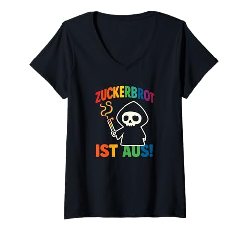 Damen Zuckerbrot Ist Aus Sensenmann Totenkopf LGBTQ Spruchshirt T-Shirt mit V-Ausschnitt Damen Zuckerbrot Ist Aus Sensenmann Totenkopf LGBTQ Spruchshirt T-Shirt mit V-Ausschnitt von Zuckerbrot Ist Aus Halloween Sensenmann Spruch