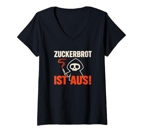 Damen Zuckerbrot Ist Aus Sensenmann Totenkopf Lustiges Spruchshirt T-Shirt mit V-Ausschnitt Damen Zuckerbrot Ist Aus Sensenmann Totenkopf Lustiges Spruchshirt T-Shirt mit V-Ausschnitt von Zuckerbrot Ist Aus Halloween Sensenmann Spruch
