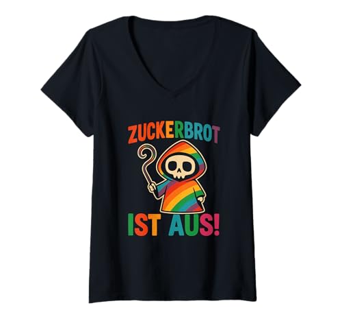 Damen Zuckerbrot Ist Aus Sensenmann Totenkopf Lustiges Spruchshirt T-Shirt mit V-Ausschnitt Damen Zuckerbrot Ist Aus Sensenmann Totenkopf Lustiges Spruchshirt T-Shirt mit V-Ausschnitt von Zuckerbrot Ist Aus Halloween Sensenmann Spruch