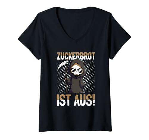 Damen Zuckerbrot Ist Aus Sensenmann Totenkopf Lustiges Spruchshirt T-Shirt mit V-Ausschnitt Damen Zuckerbrot Ist Aus Sensenmann Totenkopf Lustiges Spruchshirt T-Shirt mit V-Ausschnitt von Zuckerbrot Ist Aus Lustig Sensenmann Spruch