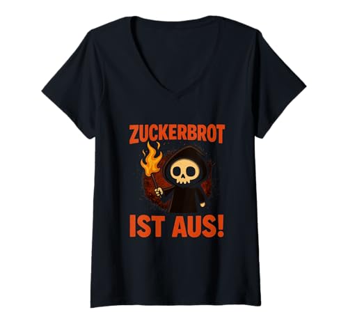 Damen Zuckerbrot Ist Aus Sensenmann Totenkopf Lustiges Spruchshirt T-Shirt mit V-Ausschnitt Damen Zuckerbrot Ist Aus Sensenmann Totenkopf Lustiges Spruchshirt T-Shirt mit V-Ausschnitt von Zuckerbrot Ist Aus Lustig Sensenmann Spruch