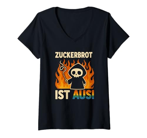 Damen Zuckerbrot Ist Aus Sensenmann Totenkopf Lustiges Spruchshirt T-Shirt mit V-Ausschnitt Damen Zuckerbrot Ist Aus Sensenmann Totenkopf Lustiges Spruchshirt T-Shirt mit V-Ausschnitt von Zuckerbrot Ist Aus Lustig Sensenmann Spruch